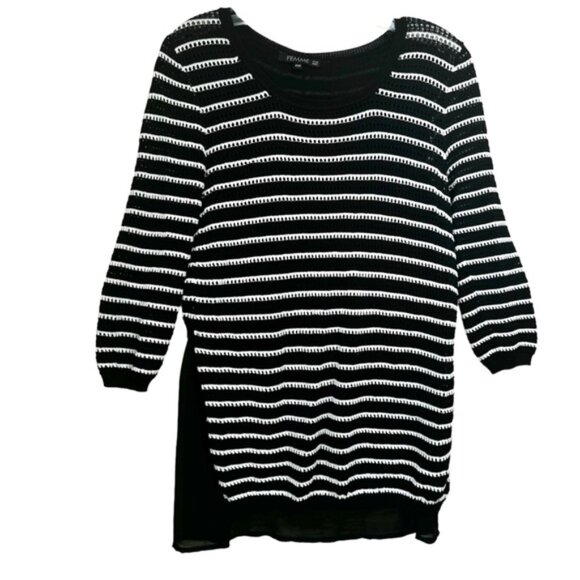 FEMME Open Knit Sheer Back Detail Striped Sweater Crew Lightweight Coastal Top M - Picture 2 of 15